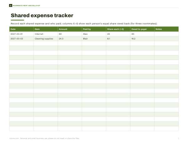 Preview of Printable Shared Expense Tracker