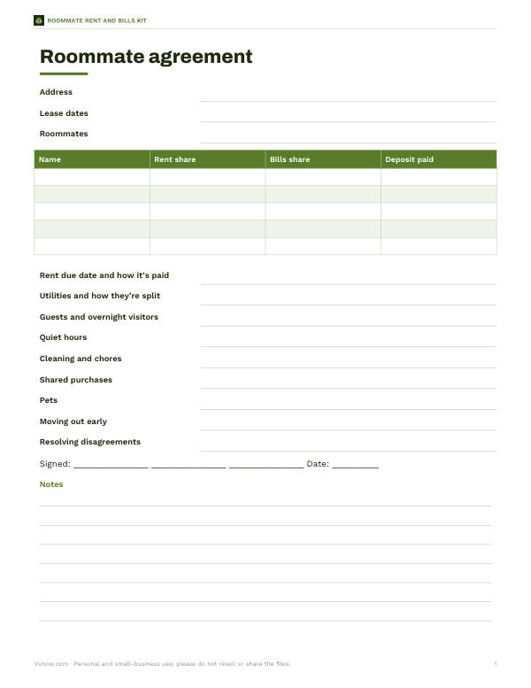 Preview of Printable Roommate Agreement Form