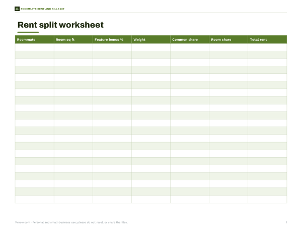 Preview of Printable Rent Split Worksheet
